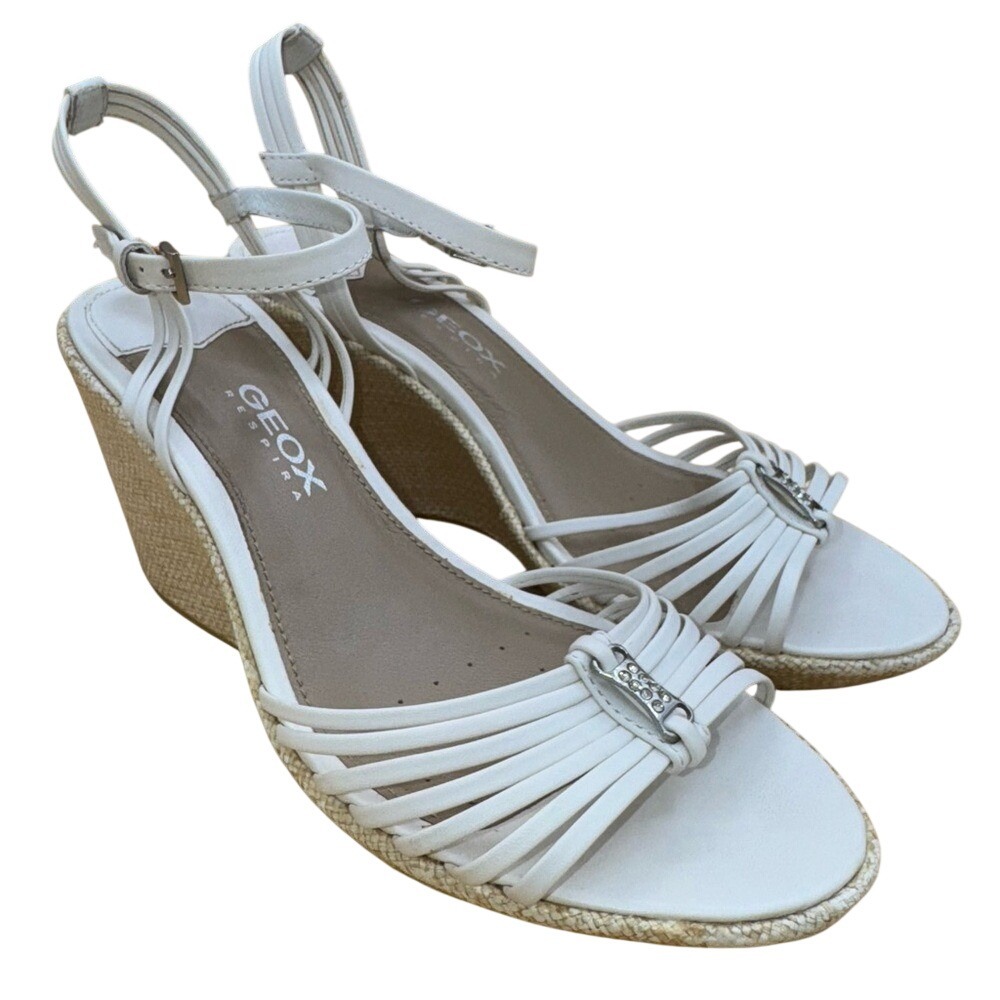 Geox‎ Respira White Leather Wedge Sandals with Rhinestone accent, Women's 6, EUC